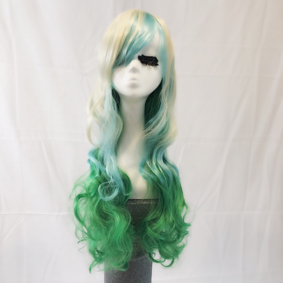 New Blonde Turquoise wavy wig with bangs cosplay main image 7